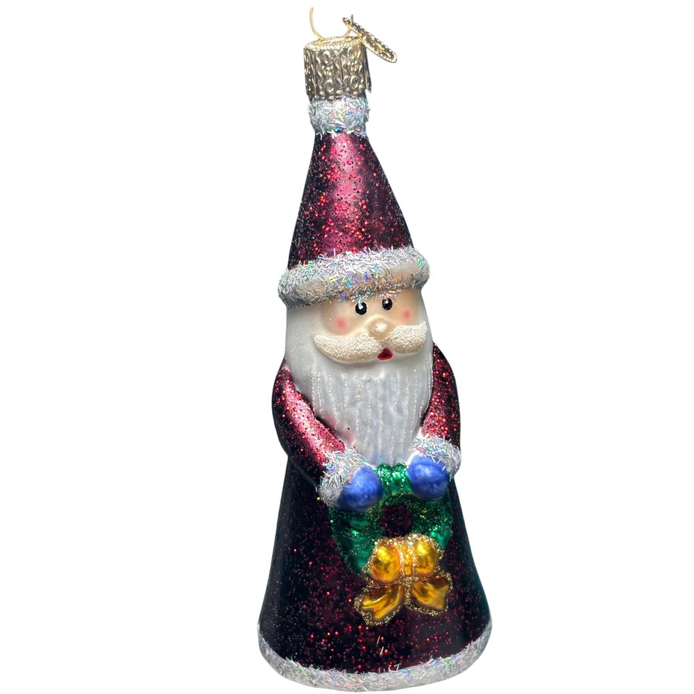 Old World Christmas Santa Ornament Burgundy Glitter Glass Wreath OWC Heart Tag